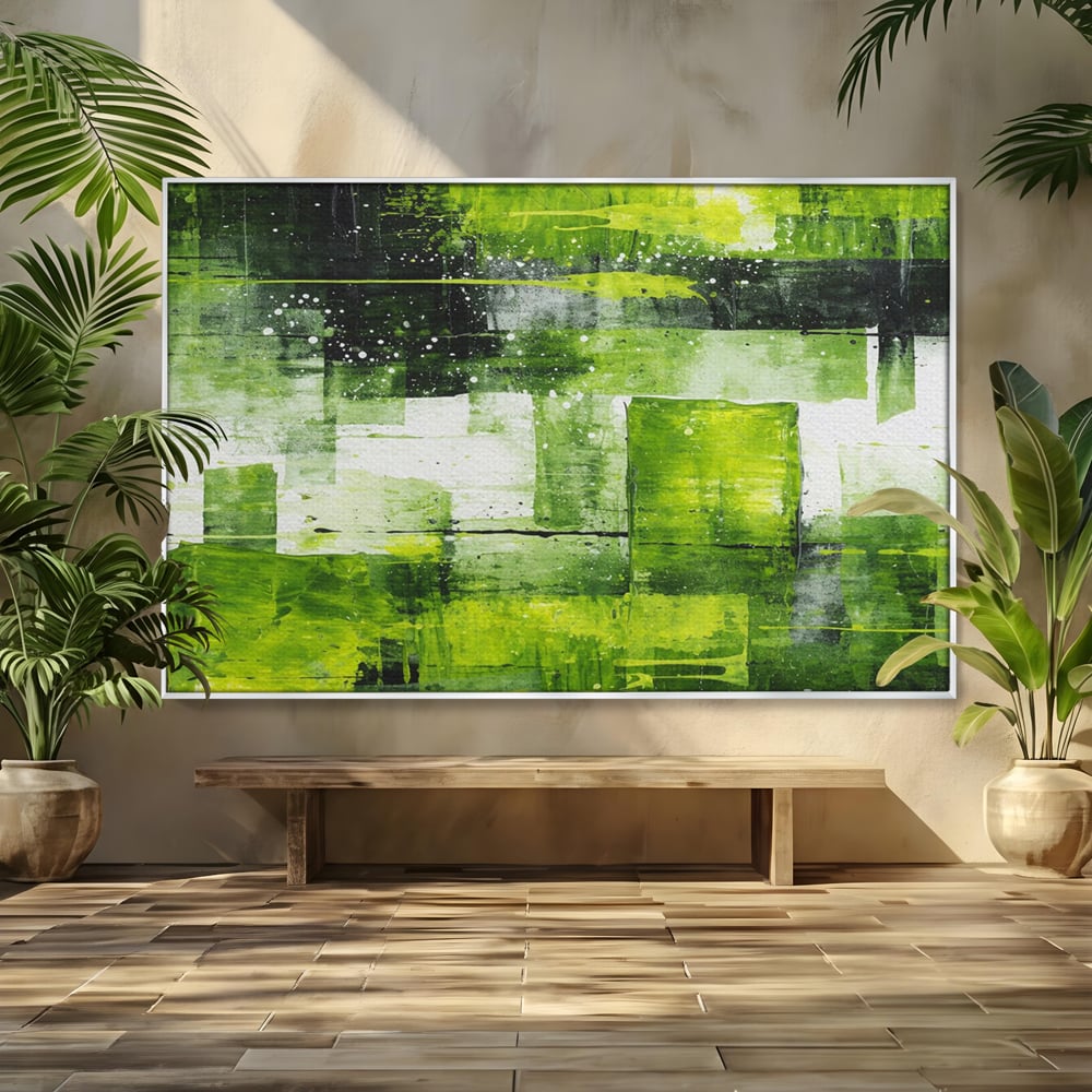 Tablou canvas cu pictura abstracta cu straturi verzi, in rama de aluminiu argintiu